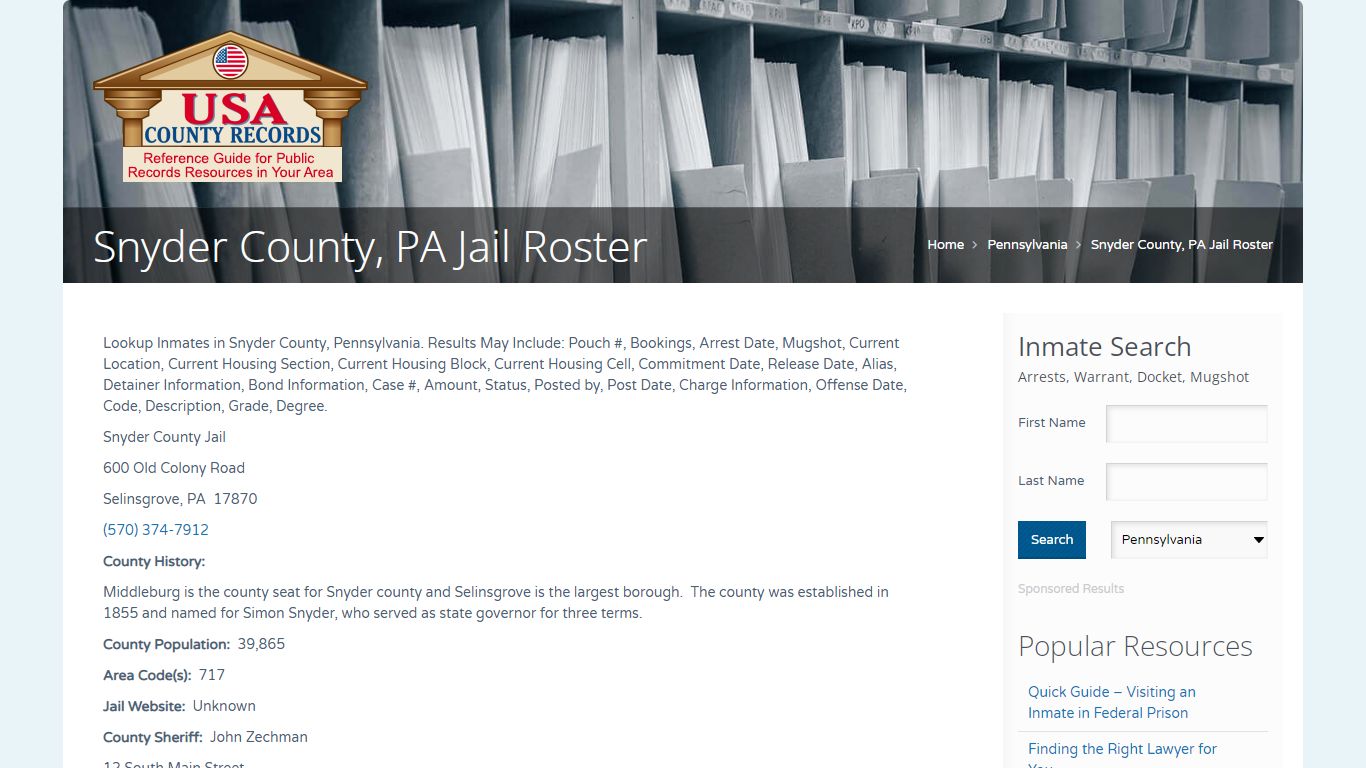 Snyder County, PA Jail Roster | Name Search